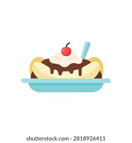 Delicious Banana Split Ice Cream Sundae with Chocolate Sauce Whipped Cream and Cherry Flat Vector Icon