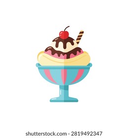 Delicious banana split ice cream sundae with chocolate syrup and cherry on top vector illustration