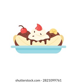 Delicious Banana Split Ice Cream Sundae with Chocolate Scoops, Whipped Cream, and Cherry Illustration