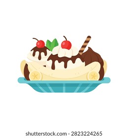 Delicious Banana Split Ice Cream Sundae with Chocolate Sauce Whipped Cream and Cherries Illustration