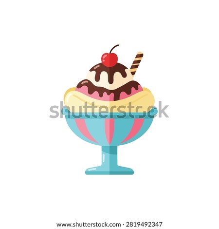 Delicious banana split ice cream sundae with chocolate syrup and cherry on top vector illustration
