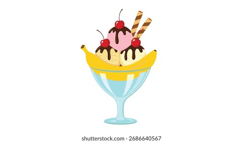 Un delicioso helado de banana con cerezas y obleas.