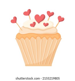 Delicious beautiful cupcake with cream and hearts. Muffin with whipped cream. Appetizing dessert for birthdays, weddings and other holidays. Logo for bakeries. vector illustration.