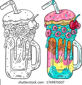 Delicious beautiful multi-colored like a rainbow and a unicorn milkshake, monster shake with cookies, ice cream, waffles, chocolate and fruit