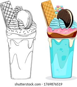 Delicious beautiful multi-colored like a rainbow and a unicorn milkshake, monster shake with cookies, ice cream, waffles, chocolate and fruit