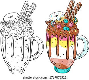 Delicious beautiful multi-colored like a rainbow and a unicorn milkshak,e monster shake with cookies, ice cream, waffles, chocolate and fruit