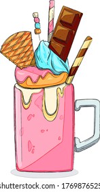 Schöne, mehrfarbige Schale wie ein Regenbogen und ein einseitiger Milchshake, Monsterschüttler mit Keksen, Eis, Waffeln, Schokolade und Obst