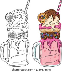 Delicious beautiful multi-colored like a rainbow and a unicorn milkshake monster shake with cookies, ice cream, waffles, chocolate and fruit