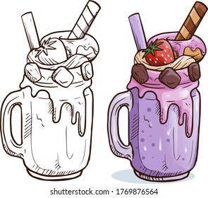 Delicious beautiful multi-colored like a rainbow and a unicorn milkshake monster shake with cookies, ice cream, waffles, chocolate and fruit