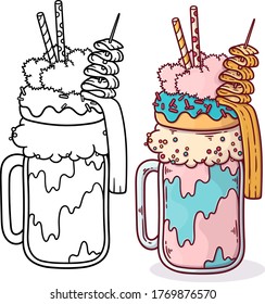 Delicious beautiful multi-colored like a rainbow and a unicorn milkshake monster shake with cookies, ice cream, waffles, chocolate and fruit