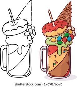 Delicious beautiful multi-colored like a rainbow and a unicorn milkshake monster shake with cookies, ice cream, waffles, chocolate and fruit
