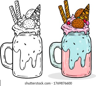 Delicious beautiful multi-colored like a rainbow and a unicorn milkshake monster shake with cookies, ice cream, waffles, chocolate and fruit