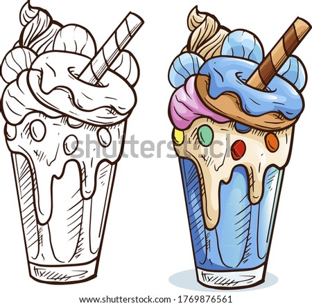 Delicious beautiful multi-colored like a rainbow and a unicorn milkshake monster shake with cookies, ice cream, waffles, chocolate and fruit