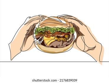 Delicious Beef Burger With Cheddar Cheese,  Held In Two Hands -line Drawing 