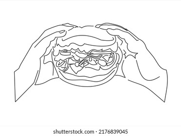 Delicious Beef Burger With Cheddar Cheese,  Held In Two Hands -line Drawing 