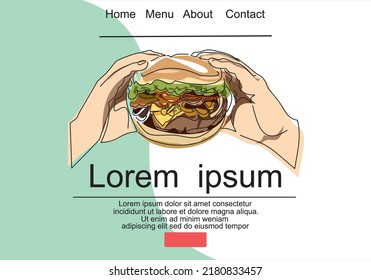 Delicious beef burger with cheddar cheese,  held in two hands -line drawing.  Can used for logo, emblem, slide show and banner. Illustration with quote template.