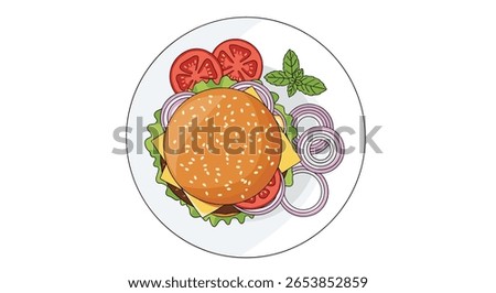 Delicious beef burger with fresh toppings and seasonings on a white plate viewed from above