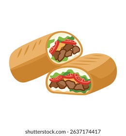Delicious beef burrito cut in half isolated on white background