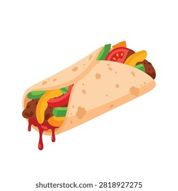 Delicious Beef Burrito Wrap with Fresh Vegetables and Spicy Sauce Illustration Isolated on White