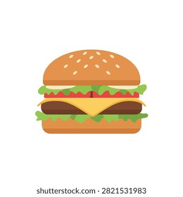 Delicious Beef Cheeseburger Illustration with Fresh Lettuce and Tomato Isolated on White Background