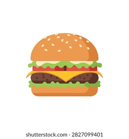 Delicious beef cheeseburger illustration with lettuce tomato and cheese isolated on white background
