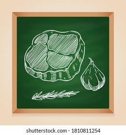 delicious beef steak with garlic and rosemary using hand drawn style on chalkboard background