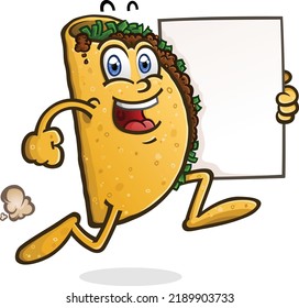 A delicious beef taco cartoon character on a brisk bouncy jog to the Mexican food stand while holding a blank poster board sign