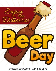 Delicious beer bottle, being opened and spreading liquid and foam, ready to enjoy in a happy Beer Day.