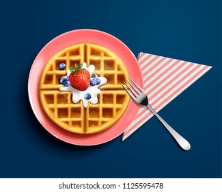 Delicious belgian waffle design element with delicious fruit and cream in 3d illustration on blue background, top view