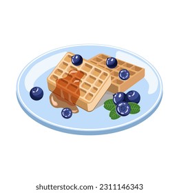 Delicious Belgian waffles with blueberries on a plate isolated on a white background.Vector illustration of dessert for coffee shops, pastry shops.