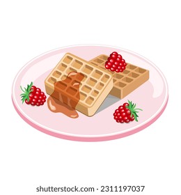 Delicious Belgian waffles with raspberries on a plate isolated on a white background.Vector illustration of dessert for coffee shops, pastry shops.