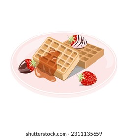 Delicious Belgian waffles with strawberries on a plate isolated on a white background.Vector illustration of dessert for coffee shops, pastry shops.