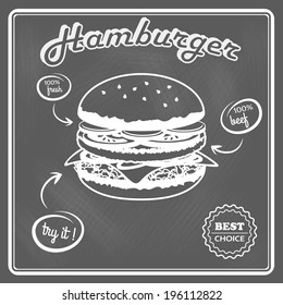 Delicious best choice hamburger food fresh ingredients chalkboard poster vector illustration.