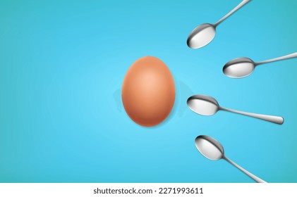 Deliciosos huevos de gallina grandes Rodeados por una cuchara, es como esperma que entra en el huevo para fertilizar. El éxito empresarial, único, el reto, la motivación, la individualidad, único, fuera del concepto de multitudes.