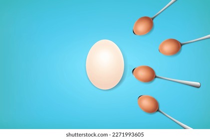 Delicious big duck eggs Surrounded by a spoon, it is like sperm entering the egg to fertilize. Business success, unique, challenge, motivation, individuality, unique, standing out of crowd concept.