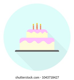 Delicious birthday cake with frosting glazing flat vector illustration. Celebration food catering service concept. Candles burning on a tasty colorful freshly baked cake with creamy glaze. Food icon