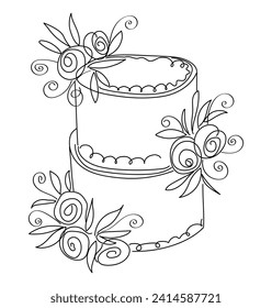 Delicious birthday cake with rose cream flowers. Sweet dessert for party. Isolated element, doodle style, line art. Hand drawn vector illustration white background for cards, menu, banner, packaging.