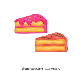 Delicious birthday cake slice with sprinkles chocolate. Tasty restaurant food menu. Vector illustration