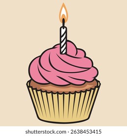 A Delicious Birthday Cupcake with Candle,Cupcake Flat Design Dessert Icon