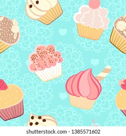 Delicious birthday party cupcakes with fruits whipped cream and candy topping on a blue doodle lace background. Seamless tossed pattern