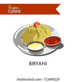 Delicious biryani with creamy and hot sauces on plate