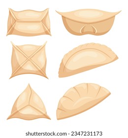 Köstliche, beigefarbene Delikatessen, Knöchelpartien sind mit verschiedenen süßen oder sommerlichen Füllungen gefüllt, im Teig gewrackt, gedünstet, gekocht oder zu Perfektion gebraten. Beliebte Dish weltweit. Vektorgrafik