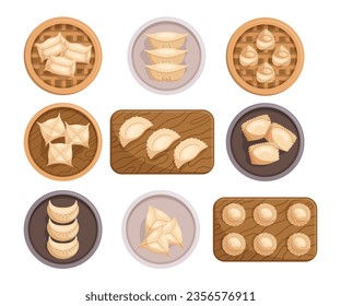 Delicious Bite-sized Delights, Steamed, Boiled, Or Pan-fried Dumplings Are Filled With Various Savory Or Sweet Fillings Wrapped In Dough, Lying on Wooden Plates or Bowls. Vector Illustration