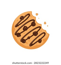 Delicious Bitten Chocolate Chip Cookie with Chocolate Drizzle and Crumbs Isolated on White Background