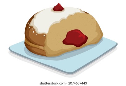 Delicious bitten sufganiyah dessert, with creamy jelly in the center served in a plate. Design isolated in cartoon style.