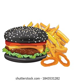 Delicious Black burger isolated on white background. Crispy and tasty vector potato chips 
vector illustration for menu card packaging and banner