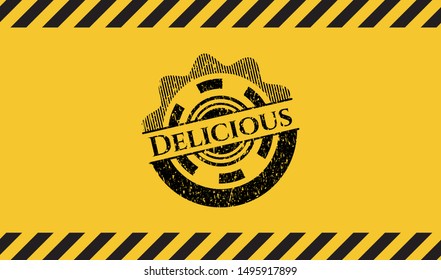 Delicious black grunge emblem inside yellow warning sign. Vector Illustration. Detailed.