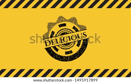Delicious black grunge emblem inside yellow warning sign. Vector Illustration. Detailed.