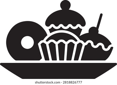 Delicious black vector graphic illustration showing assorted sweet pastries like cupcakes donuts and muffins arranged on a simple white plate
