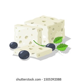 Delicious blue, brined or pickled porous cheese cutted to slices, served with olives and greenery. Milk salty farm product. Cartoon vector illustration isolated on white for menu, recipes, packing.